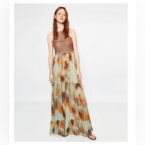 Zara Boho Tie Dye Green Floral Watercolor Maxi Dress